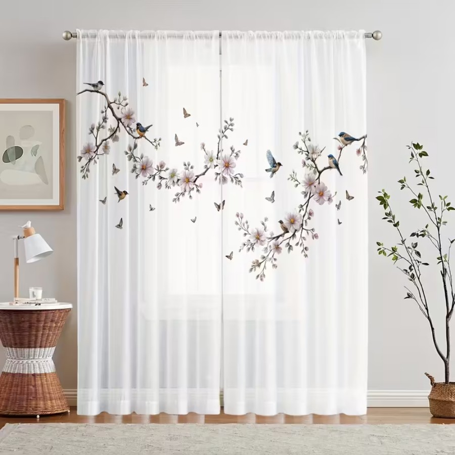 Flower Wall Panel - 2 Adet Dijital Baskı Şeffaf Perde,