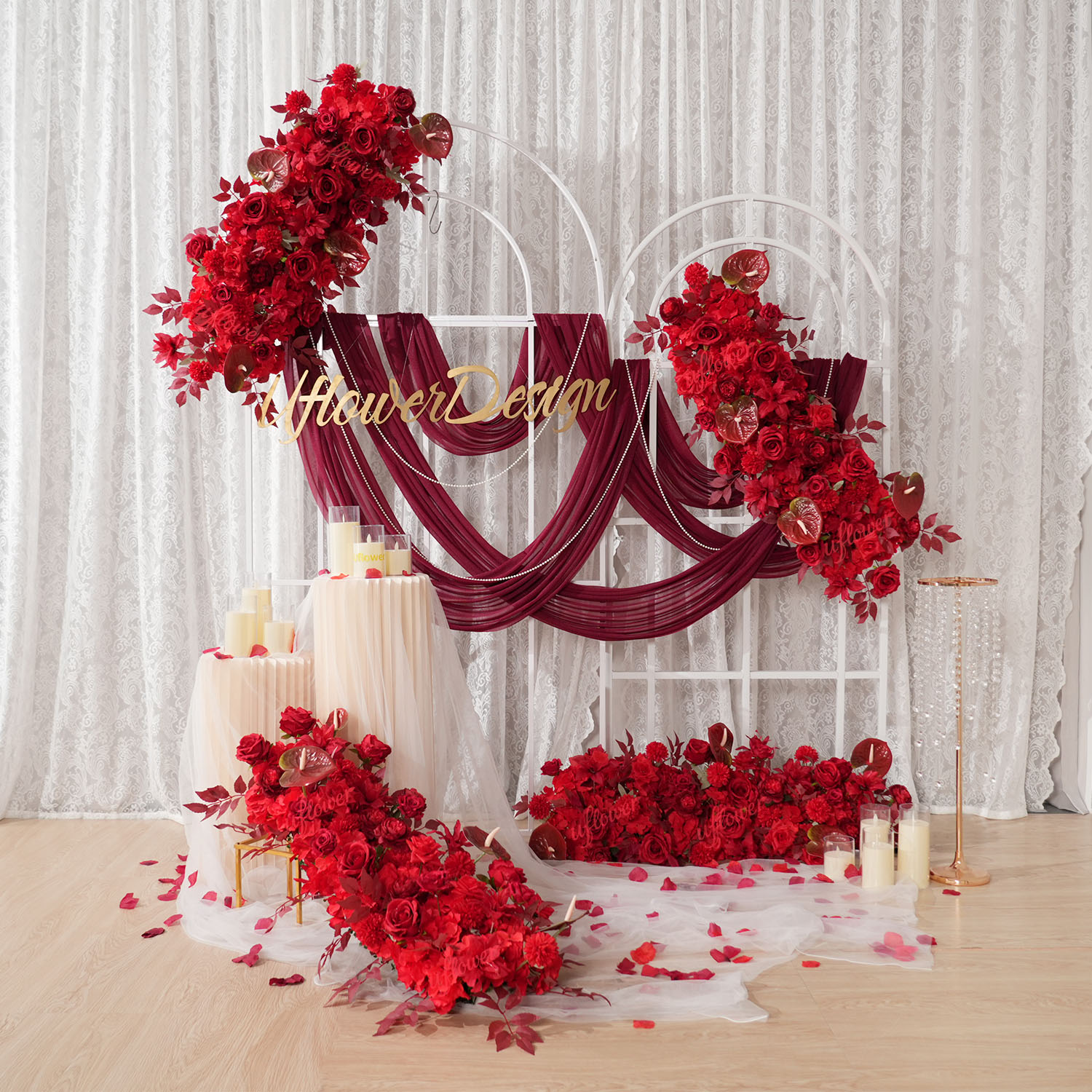 Flower Wall Panel - Uflower Kırmızı Çiçek Sıralı Düğün Kemeri